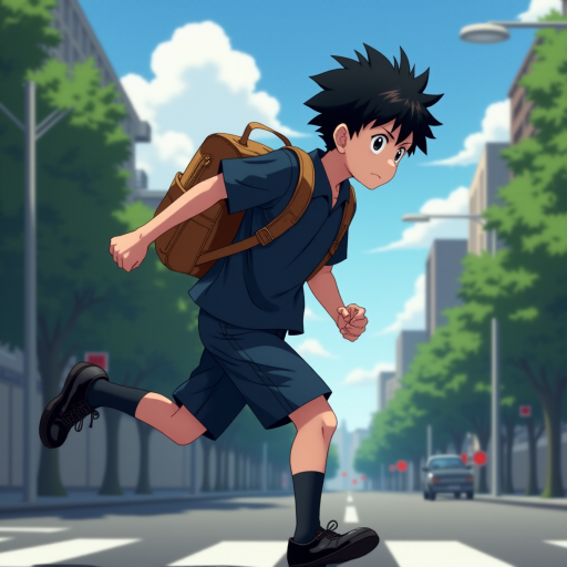 In the Japanese boondocks photorealistic anime, the camera focuses on strong muscular sideview of 9 year old boy his perfect face conveys powerful mighty passion, wearing black school dress-shoes, wearing dark blue matching school uniform. he runs lightly across wide busy city street. with stoplights in backdrop, The animation highlights the dynamic of the boy's clothes and hair blowing in the wind as he moves around, wearing leather backpack,