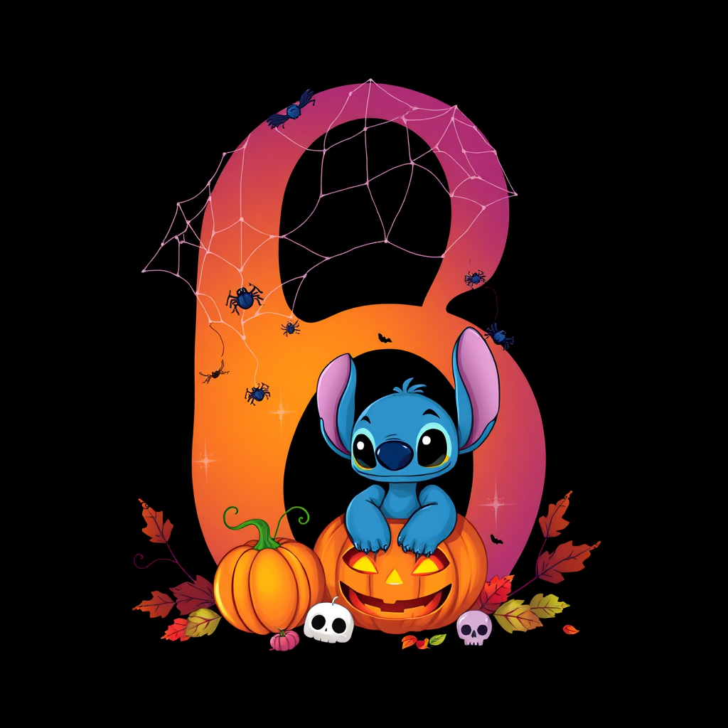 A whimsical and vibrant Halloween-themed digital illustration featuring the letter "Q" adorned with spider webs, small bats, and cute spiders. At the base of the letter, a playful alien character similar to Stitch is peeking out from inside a carved pumpkin with glowing eyes, surrounded by additional pumpkins, a small skull, and autumn leaves. The letter is gradient-colored from orange to purple, adding a magical atmosphere to the scene, black background