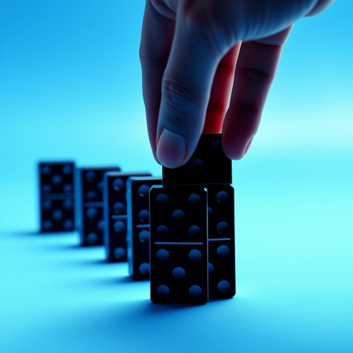 Create a minimalistic illustration of a hand preventing several black dominoes from falling over against a bright blue background, using a DSLR camera with a 50mm lens, f/2.8 aperture, ISO 100, and a slight tilt-shift effect for depth.