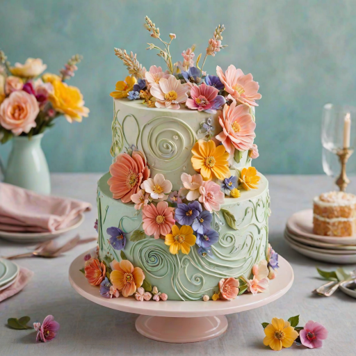 Create a whimsical cake design adorned with colorful edible flowers and unique decorative elements. Incorporate soft, swirled frosting textures and playful accents like small fruits or whimsical shapes, all topped with delicate, flowing decorations that give the cake an artistic and elegant appearance. Use a pastel color palette for a light and airy feel.
