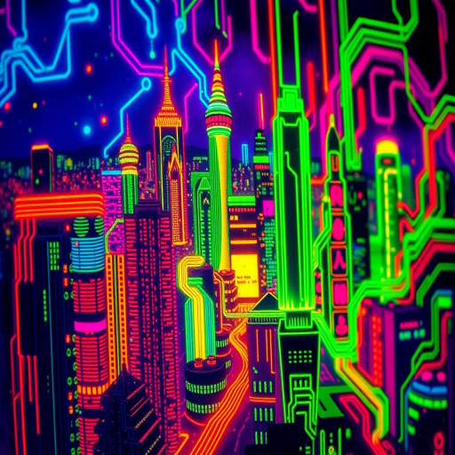 Cyberpunk neon tattoo depicting a futuristic cityscape with glowing circuit board patterns, rendered in vibrant fluorescent inks for a mesmerizing effect under blacklight