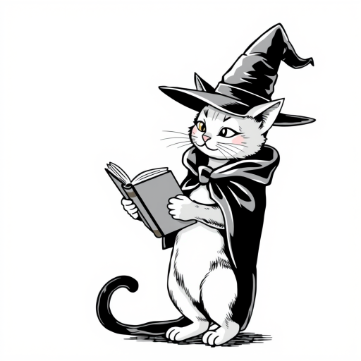 A grayscale illustration of a cat wearing a witch's hat and cloak. The cat is standing on its hind legs and is holding a spellbook in its paws and reading it intently. The hat is tall and pointed, with a wide brim and a pointed top. The cloak is draped over the cat's body, covering its body. The background is plain white, making the cat and the book the focal point of the image.