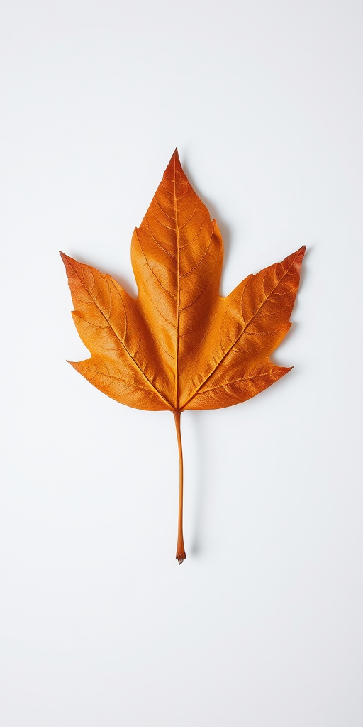 High-resolution macro photo of a single autumn leaf on a white background, using a DSLR camera at f/2.8, 1/200s, ISO 100, 50mm lens, natural lighting, top-down view, focus on leaf texture.