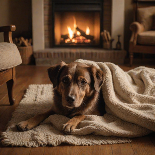 Warm, softly lit image of a dog resting by a fireplace, soft glow from the fire reflecting off the dog's fur, a cozy blanket draped over a nearby chair, soft shadows cast on the wooden floor, a peaceful, quiet atmosphere filling the room.