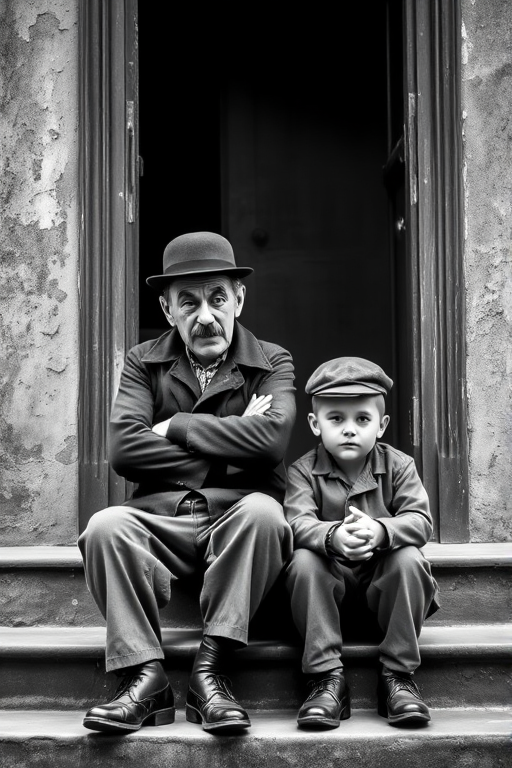 A black-and-white photograph of a man and a child sitting on steps in front of a doorway. The man is dressed as a tramp with a bowler hat, mustache, and ragged clothes, reminiscent of Charlie Chaplin's iconic look. He is sitting with his arms crossed and an expression of slight sadness or frustration. Next to him is a young boy, also in worn clothes and a cap, sitting with his hands clasped, looking thoughtful. The background is an old, textured wall and a partially open door, creating a vintage, early 20th-century atmosphere.