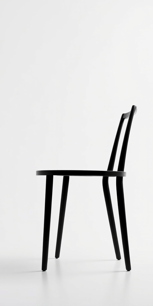 Generate a high-resolution image of a minimalist black silhouette of a chair against a white background using a DSLR camera with a 50mm lens, aperture set to f/1.8, ISO 100, shutter speed 1/200s, captured from a low angle view for enhanced depth and clarity.