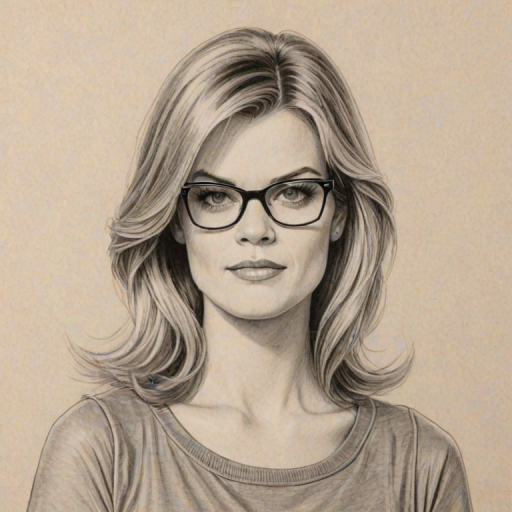 Delightful Missi Pyle, pencil sketch, portrait of Dazzling woman 1978s in glasses, hair style beatnik, outline, clear lines, fine lines, 8k