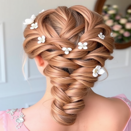 Romantic rose gold updo with intricate braids, called "Blushing Crown," incorporates delicate twists and turns adorned with tiny floral accessories