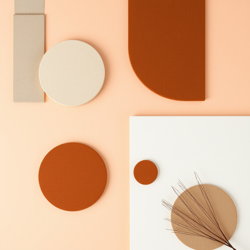 Create a minimalist abstract composition featuring geometric shapes in earthy tones with a soft peach background, shot with a DSLR camera at f/2.8, 1/125 sec shutter speed, ISO 100, in a flat lay style with natural lighting for enhanced image quality.