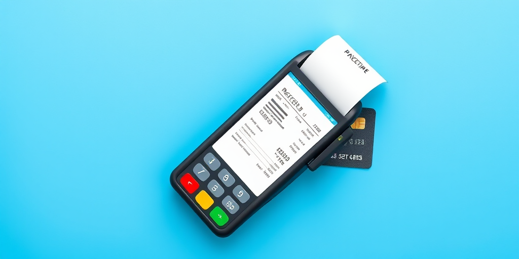 Create an illustration of a payment terminal with a receipt printing, a debit card beside it, bright blue background, use a 50mm lens, f/2.8 aperture, soft lighting to enhance colors, shot with a digital camera in a flat lay style.