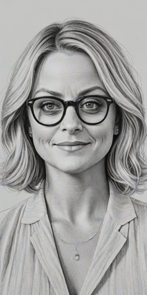 Radiant Amy Poehler, pencil sketch, portrait of Magnificent woman 1920s in glasses, hair style beatnik, outline, clear lines, fine lines, 8k