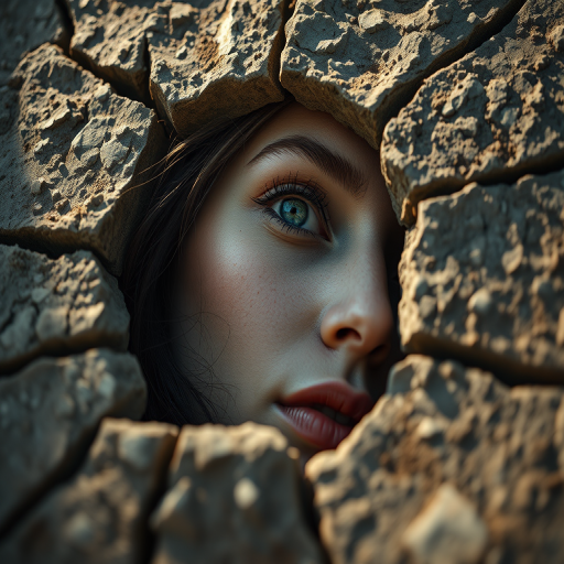 Create a hyper-realistic close-up image of a woman's head emerging from cracked stone, in soft natural lighting, using a Canon EOS R5 with a 50mm lens, aperture f/1.8, ISO 100, and a shallow depth of field to enhance texture and detail.