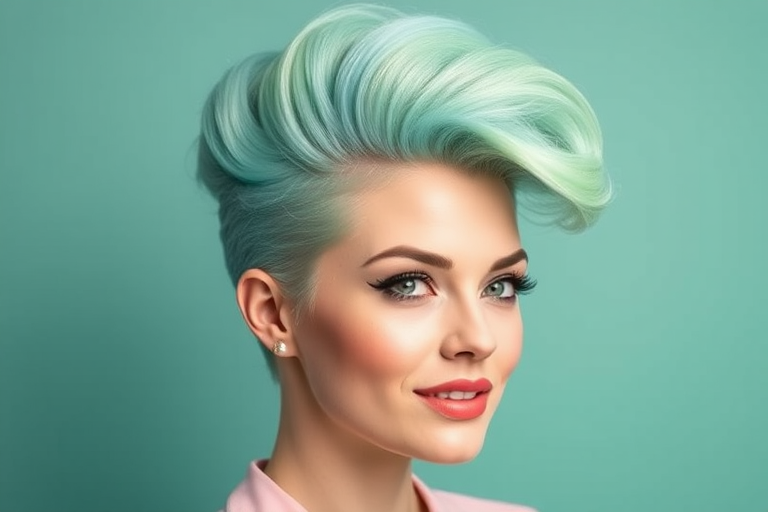 Retro Pastel Rockabilly Quiff styled high and proud, featuring a blend of soft mint green and baby blue hues for a unique twist on a classic 1950s look