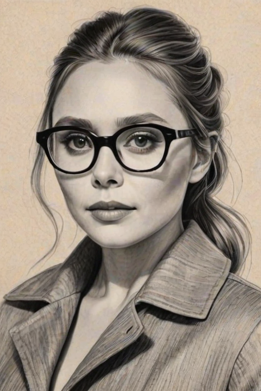 Resplendent Elizabeth Olsen, pencil sketch, portrait of Pleasing woman 1955s in glasses, hair style beatnik, outline, clear lines, fine lines, 8k