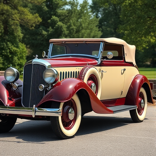 A classic 1930s convertible car with a maroon and cream exterior, shot in high resolution using a DSLR camera at f/8 aperture, ISO 100, 50mm lens, with a three-quarter view and soft natural lighting to enhance details and colors.