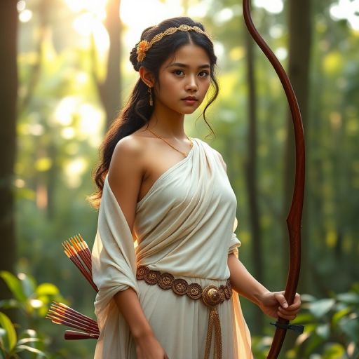 Create a portrait of a goddess-like Pacific Islander girl figure in a tranquil, forested environment. She has an elegant appearance with long, wavy hair styled in an updo and adorned with a delicate, floral headband. She wears a flowing, ancient Greek-inspired gown in a soft, pale color, featuring a one-shoulder design and draped fabric that accentuates her graceful form. The outfit includes a decorative belt with ornate gold detailing, and she holds a bow in her hand, with a quiver of arrows slung over her shoulder. The background depicts lush greenery, with sunlight filtering through the trees, casting a gentle, ethereal light on the scene. Her expression is calm and contemplative, embodying a sense of wisdom and serenity.