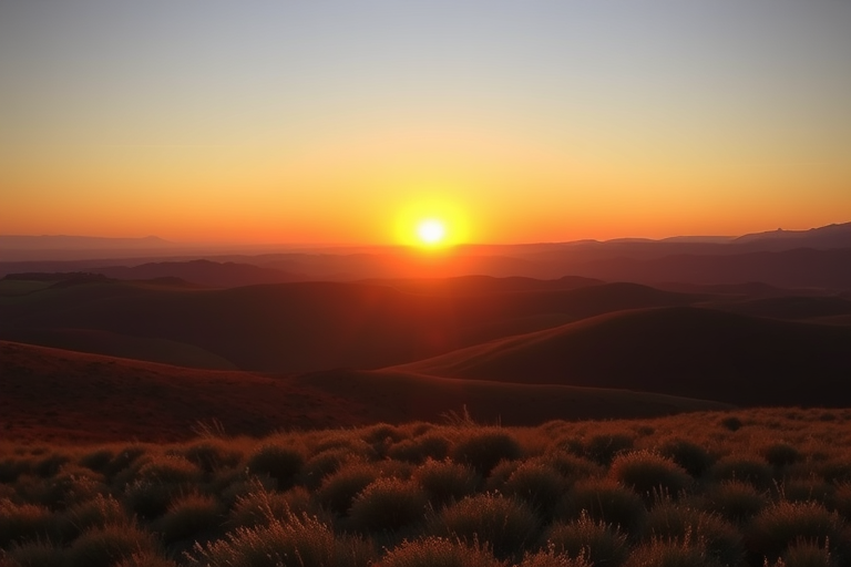 Create a high-resolution image of a serene landscape with rolling hills at sunset, use a DSLR camera with a 50mm lens, aperture f/1.8, ISO 100, and capture in a wide shot from a low angle to enhance depth and detail.