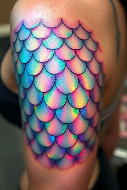 Iridescent mermaid scale tattoo named "Siren's Song" covering a large area of skin with overlapping scale patterns that shift in color as light moves across the surface holographic ink creates a mesmerizing rainbow effect mimicking the magical appearance of mythical sea creatures intricate details within each scale add texture and depth