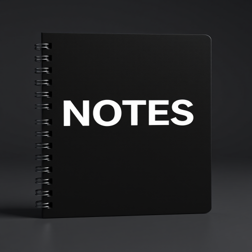 create a 3D render of a black spiral notebook with the word NOTES in bold white font on the cover, use a Canon EOS 5D Mark IV, aperture f/2.8, focal length 50mm, ISO 100, soft studio lighting for enhanced clarity and reflection, shot from a slight angle to show depth.