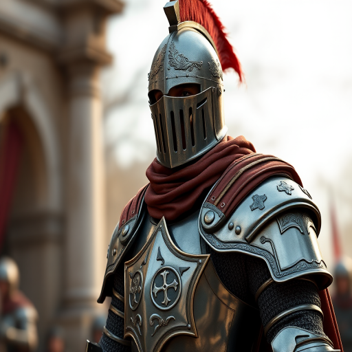 Medieval knight in full armor standing confidently, high-resolution, 85mm lens, f/4 aperture, ISO 100, natural lighting, three-quarter view, 3D rendering style.