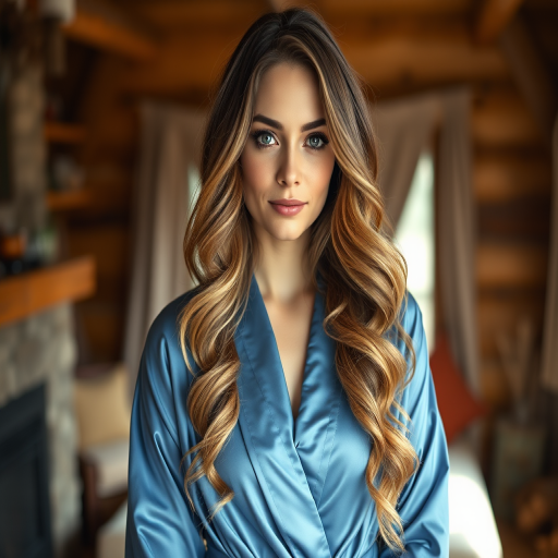 portrait of a woman with long wavy hair in a silky blue robe in a cozy cabin setting, soft natural light, shot with a 50mm lens at f/1.8, ISO 100, 1/200s, Nikon D850, warm tones, shallow depth of field