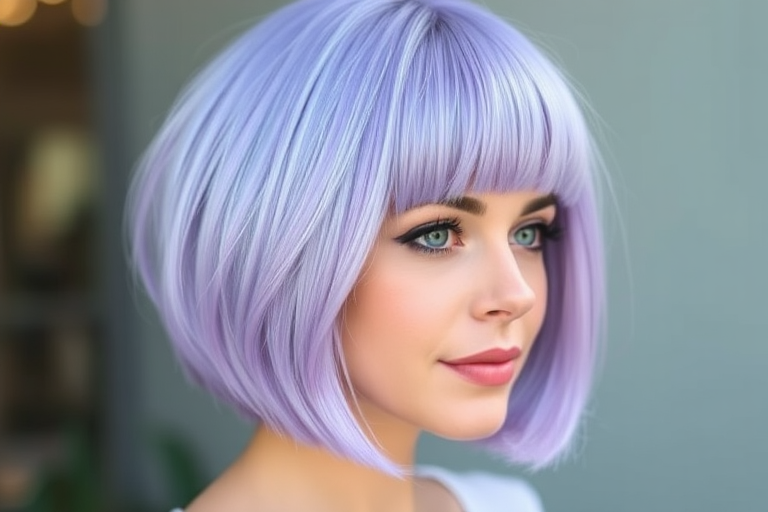 Enchanting pastel lavender bob with blunt bangs, named "Twilight Whisper," features a silky smooth finish and delicate purple hues that blend seamlessly