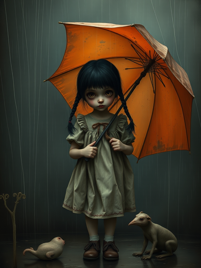 An eerie, weird little girl with dark hair in thin pigtails, wearing a smock dress, standing in the rain, holding a dirty orange umbrella, a small, odd creature beside her. In a surreal style inspired by Nicoletta Ceccoli and Brian Froud. Dark fantasy themes