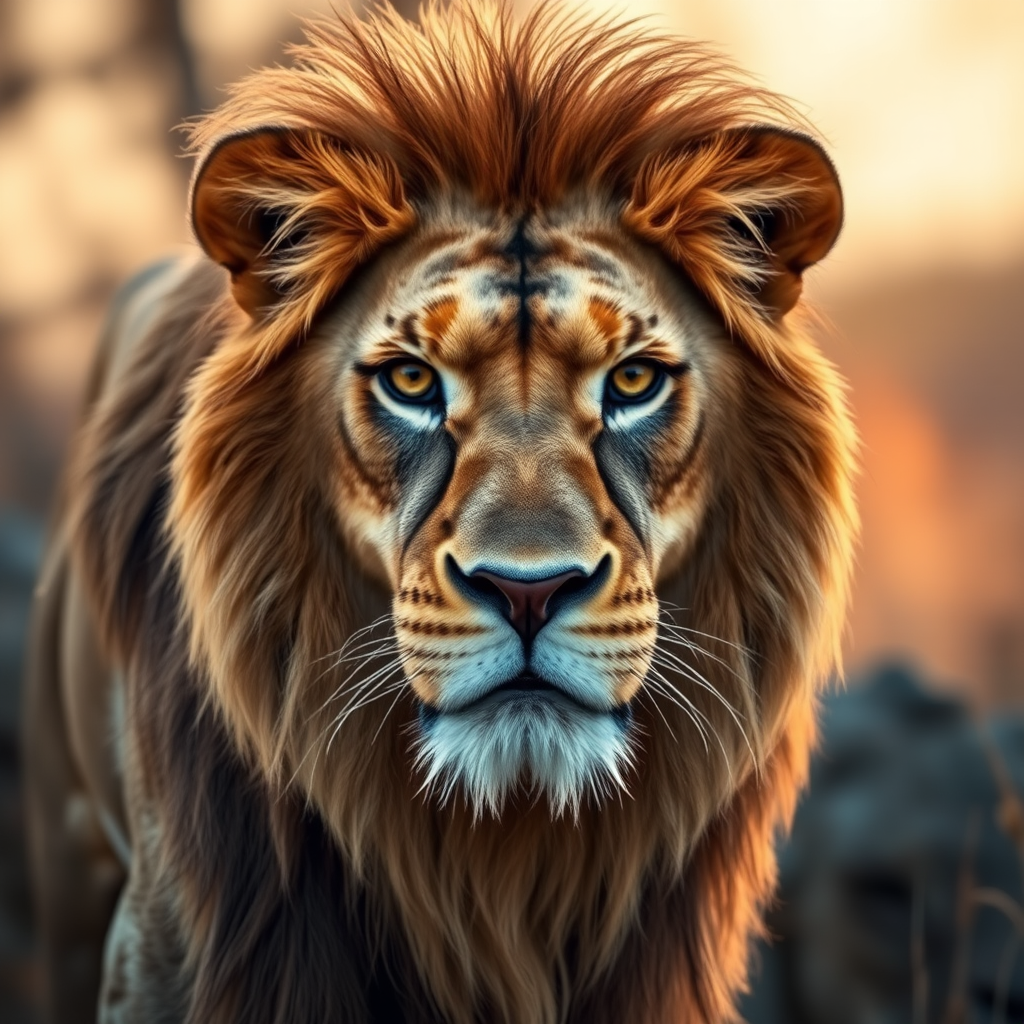 Create a highly detailed portrait of a majestic lion in its natural habitat, with a shallow depth of field at f/2.8, shot with a 85mm lens, in golden hour lighting to enhance textures, using a full-frame DSLR camera with a low ISO setting for clarity.
