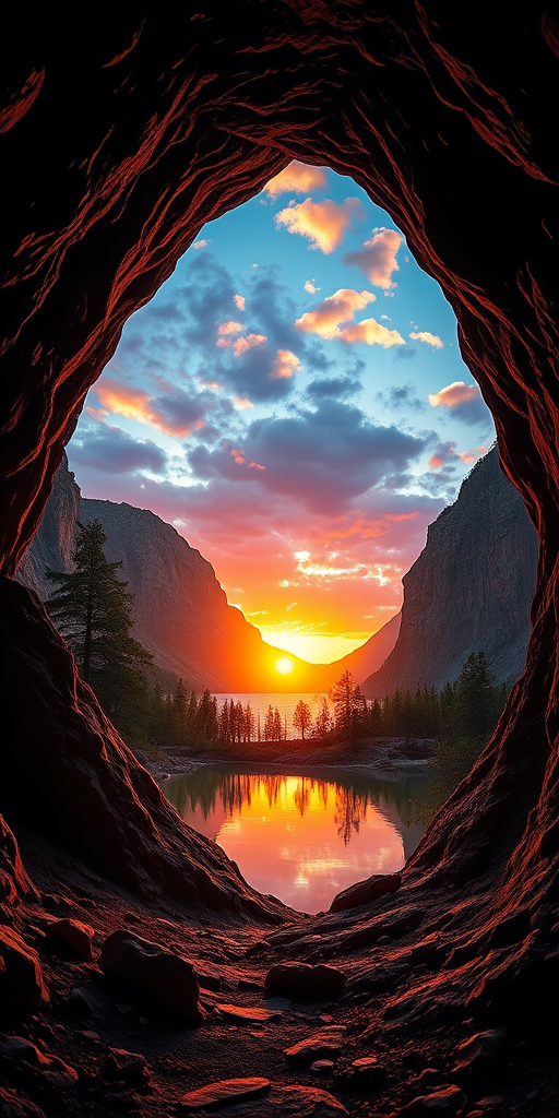 Create a vibrant digital landscape of a cave opening revealing a stunning sunset over a reflective lake with dramatic cliffs and trees silhouetted against the sky, captured with a Canon EOS R5, 24mm lens, f/8 aperture, ISO 100, using a wide-angle view to enhance depth and detail in the scene.