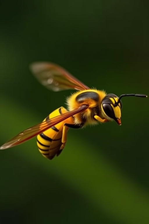 generate an image of a close-up of a hornet in flight with vibrant yellow and black stripes against a blurred green background