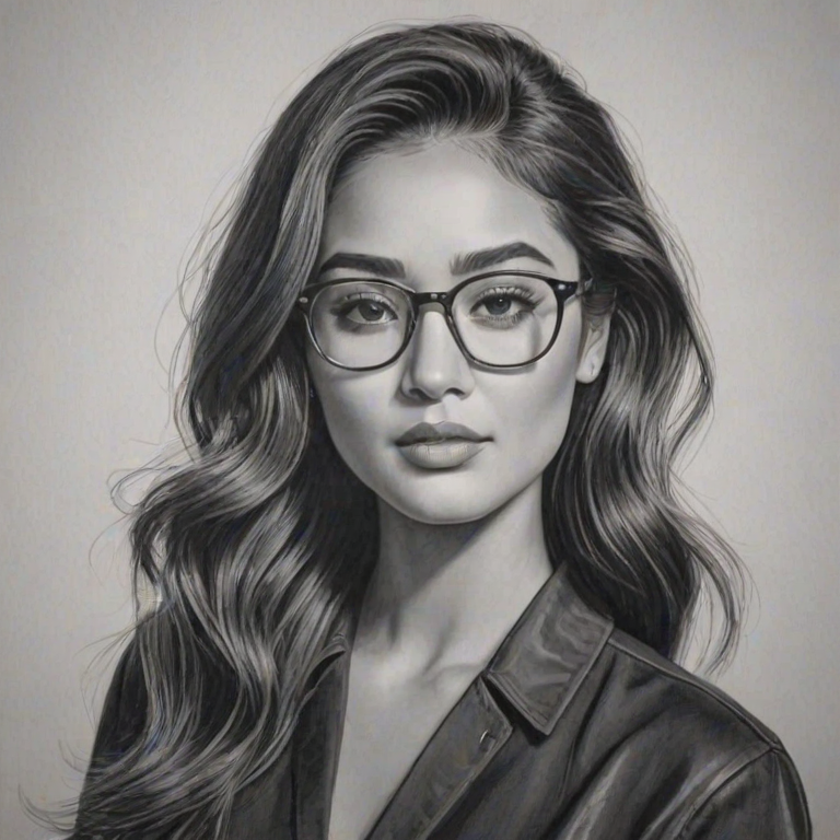 Bewitching Shay Mitchell, pencil sketch, portrait of Splendid woman 1954s in glasses, hair style beatnik, outline, clear lines, fine lines, 8k