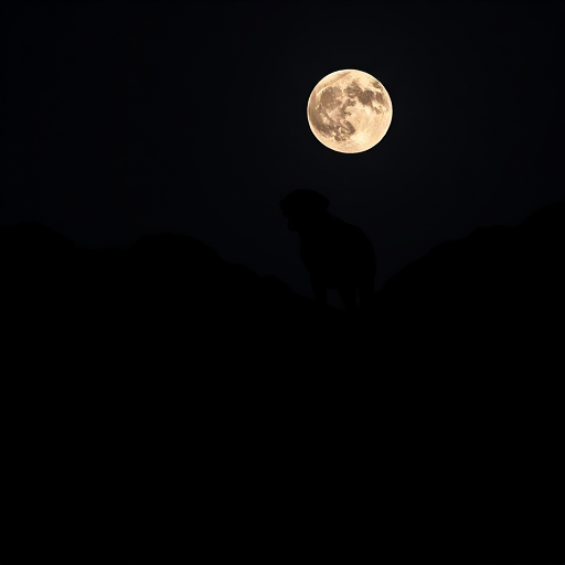 Create a high-contrast silhouette image of a mountain landscape with a dog in the foreground and a large moon in a dark sky, capturing the scene from a low angle using a DSLR camera, 50mm lens, f/2.8 aperture, 1/200 sec shutter speed, and ISO 100 for enhanced image quality.