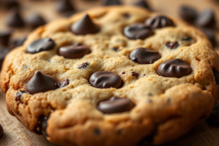Generate a high-resolution image of a chocolate chip cookie, close-up view, with a shallow depth of field, natural lighting, ISO 100, aperture f/2.8, shutter speed 1/60, DSLR camera.