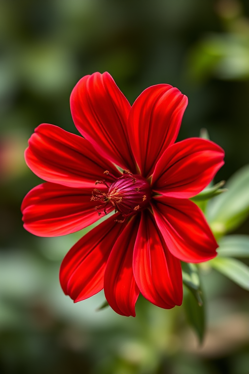 Create an image of a vibrant red flower with intricate petals and a detailed center, captured with a macro lens at f/2.8 aperture, ISO 100, and a shutter speed of 1/250s, in natural light with a soft-focus background.
