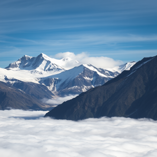Capture a breathtaking mountain landscape with snow-covered peaks and a sea of clouds below, using a Canon EOS 5D Mark IV, 24mm lens, f/8 aperture, ISO 100, 1/200 sec exposure, in natural daylight to enhance the colors and details.
