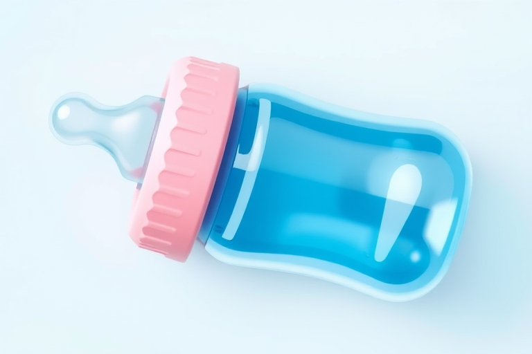 Create a high-resolution illustration of a baby bottle with a pink cap and blue body, top view, soft lighting, 50mm lens, f/2.8 aperture, DSLR camera, vibrant colors and sharp details.