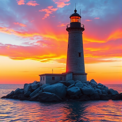 Generate an image of a tall lighthouse perched on a rocky outcrop surrounded by calm ocean waters during a breathtaking sunset. The lighthouse stands sturdy and weathered, its stone surface illuminated by the warm golden light of the setting sun. The sun's rays pass directly through the glass lantern room at the top of the lighthouse, casting a brilliant light across the scene. The sky is painted with vibrant shades of orange, pink, and purple, reflecting off the tranquil sea. The surrounding water shimmers with the same warm hues, creating a serene and majestic atmosphere.