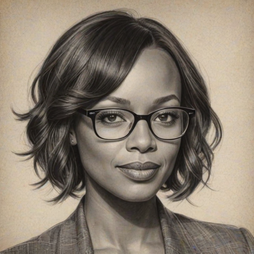 Attractive Aisha Tyler, pencil sketch, portrait of Fascinating woman 1925s in glasses, hair style beatnik, outline, clear lines, fine lines, 8k
