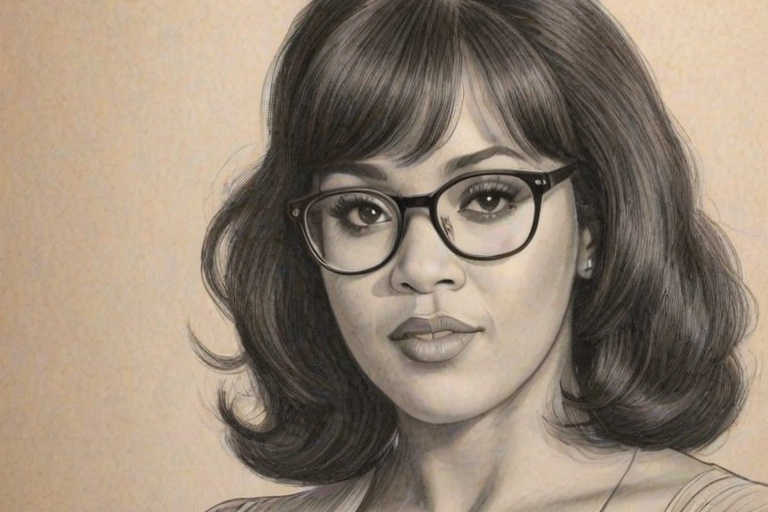Exquisite Jackee Harry, pencil sketch, portrait of Exquisite woman 1972s in glasses, hair style beatnik, outline, clear lines, fine lines, 8k
