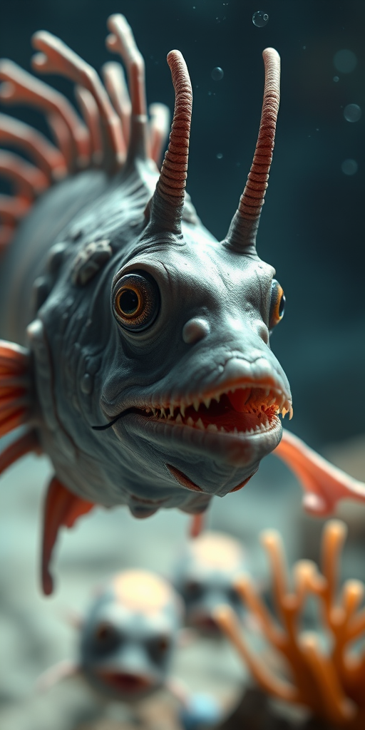 Create a detailed 3D rendering of a deep-sea anglerfish with exaggerated features, underwater environment, soft lighting, camera settings: f/11, ISO 200, shutter speed 1/60s, camera view: close-up, camera style: realistic, camera type: digital SLR, emphasize textures and colors.