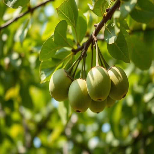 Capture a close-up shot of green fruits hanging from a tree branch, with a shallow depth of field to emphasize the fruits and create a soft, blurred background of lush green foliage; use a Canon EOS 5D Mark IV, aperture f/2.8, ISO 200, focal length 100mm, in natural light.