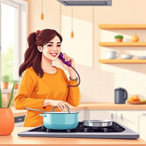 Create a vibrant digital illustration of a cheerful young woman in a kitchen, talking on the phone while cooking over a stove, with a focus on bright colors and clean lines, using a 50mm lens at f/4 for sharp detail, captured in a well-lit, modern kitchen setting with ample natural light.