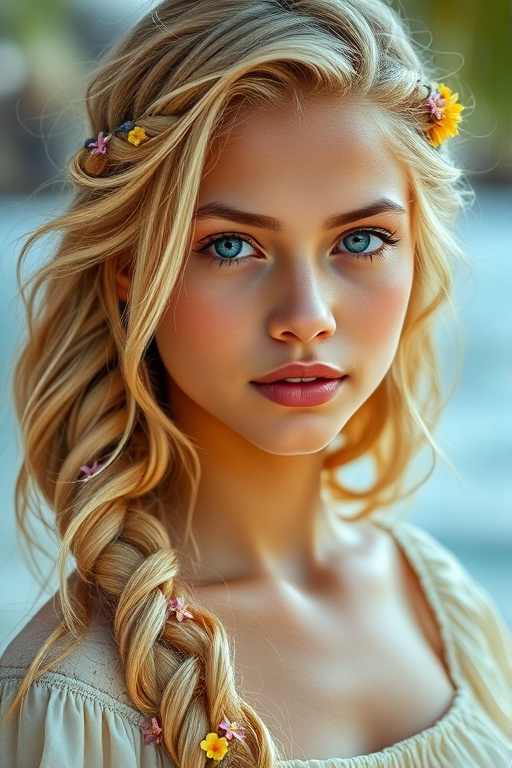 Create an image of a young Hawaiian woman with long, wavy blonde hair, adorned with small, colorful flowers woven into her braids and loose strands. Her complexion is fair, with soft, glowing skin, and she has light blue eyes that gaze softly at the viewer. She wears a light, flowing dress with a gentle, ethereal quality, complementing her delicate and serene appearance. The background is slightly blurred, drawing focus to her tranquil expression and the intricate details of the flowers in her hair. The overall mood of the image is one of natural beauty and grace, evoking a sense of peacefulness and connection with nature.