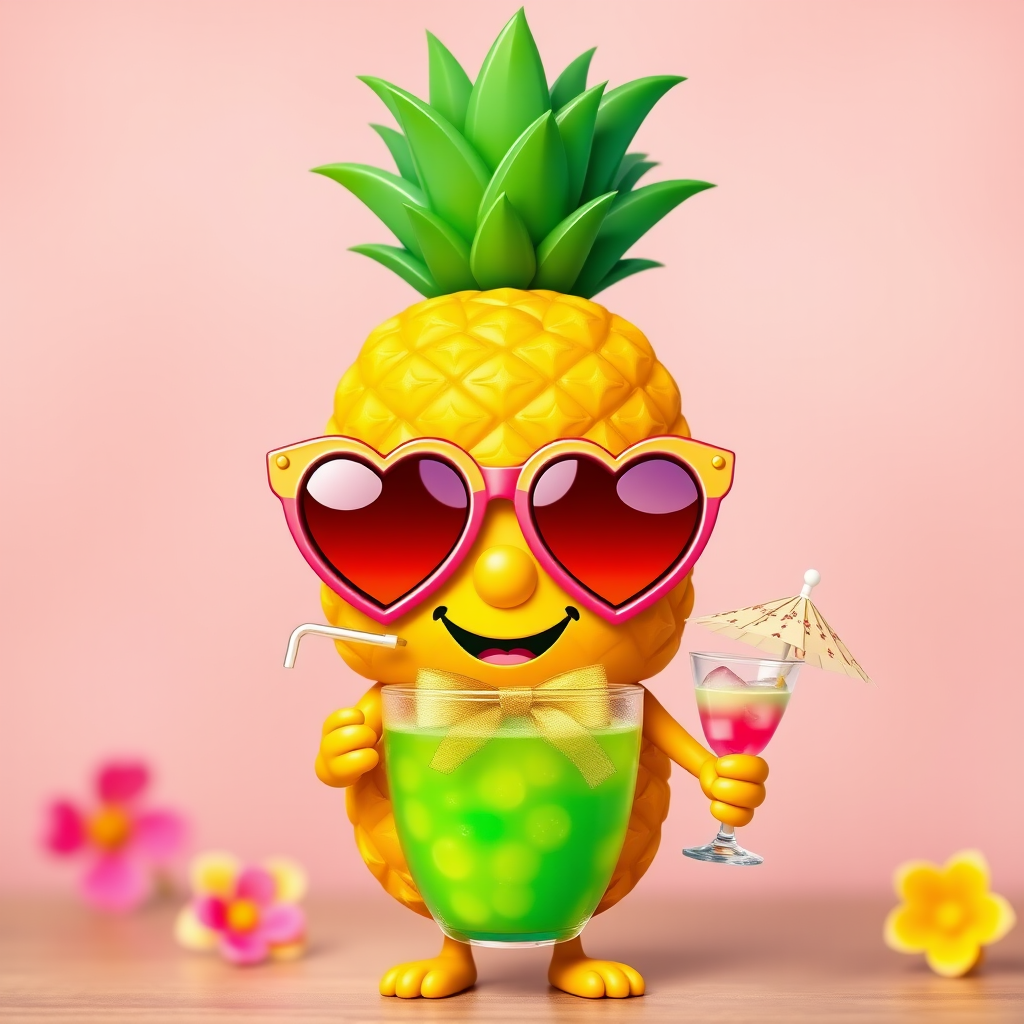 Create a vibrant cartoon pineapple character wearing oversized heart-shaped sunglasses and holding a tropical drink with a small umbrella, bright colors, soft lighting, 50mm lens, f/2.8 aperture, ISO 100, shallow depth of field, high-resolution digital art.