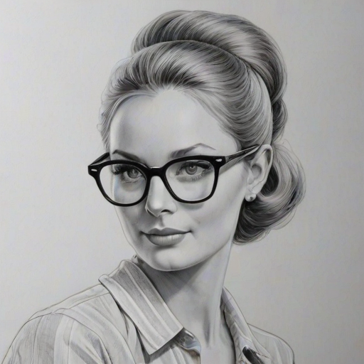 Elegant Joanne Froggatt, pencil sketch, portrait of Attractive woman 1950s in glasses, hair style beatnik, outline, clear lines, fine lines, 8k