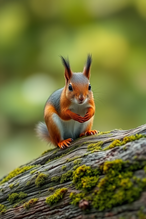 squirrel sitting on a mossy log in soft natural light, 50mm f/1.8 lens, ISO 200, shutter speed 1/200 sec, aperture priority mode, taken with a DSLR camera from eye level for a focused and detailed view