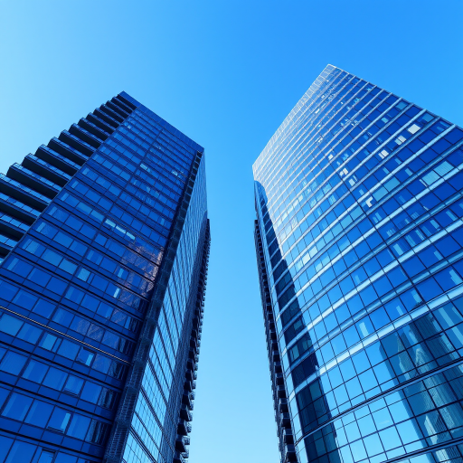 Create a high-resolution digital illustration of two modern skyscrapers side by side, with a clear blue sky background, using a wide-angle lens, at f/8 aperture, 1/200 sec shutter speed, in a 3D rendering style.