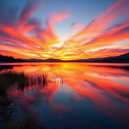 Create a high-resolution image of a serene landscape at sunset, with vibrant colors in the sky reflecting on a calm lake, using a DSLR camera with a 24mm lens, f/8 aperture, ISO 100, and a low-angle view to capture foreground details.