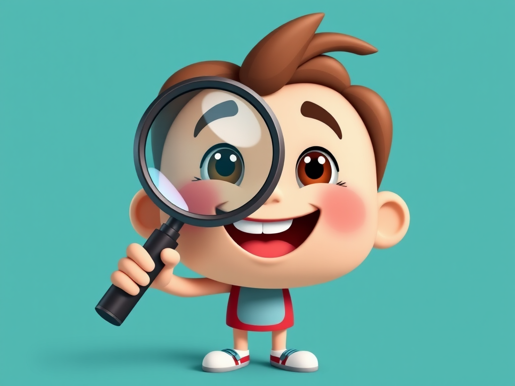 Create a cartoon character with a cheerful expression holding a magnifying glass, set against a solid teal background, using a DSLR camera with a 50mm lens, aperture f/1.8, ISO 100, and a soft focus effect.