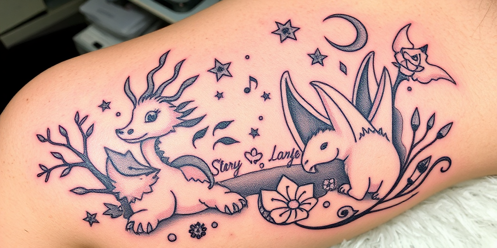 Illustrative tattoo titled "Storybook Adventure" showcasing a whimsical scene from a fairytale with fantastical creatures and magical elements, utilizing a mix of fine lines and soft shading techniques